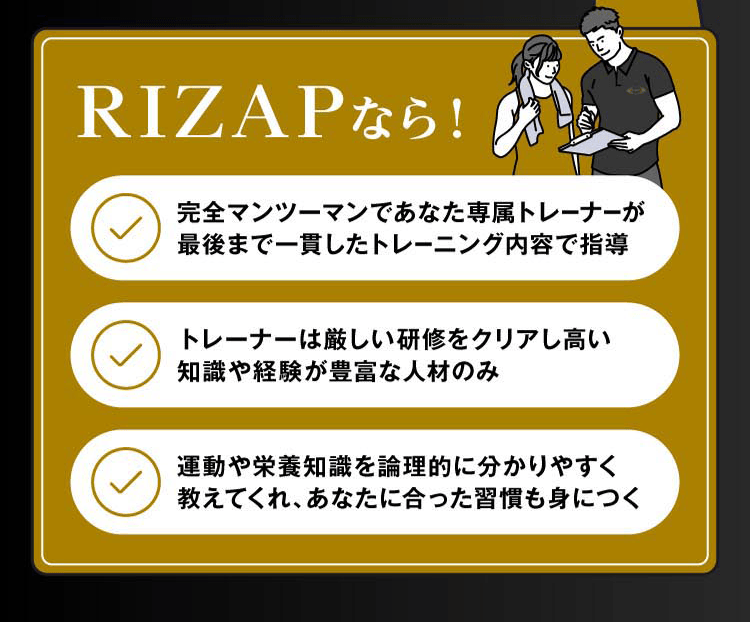 RIZAPなら！完全マンツーマンであなた専属トレーナーが最後まで一貫したトレーニング内容で指導。トレーナーは厳しい研修をクリアし専門性の高い知識や経験が豊富な人材のみ。運動エクササイズや栄養知識を論理的に分かりやすく教えてくれ、あなたに合った習慣も身に付く。
