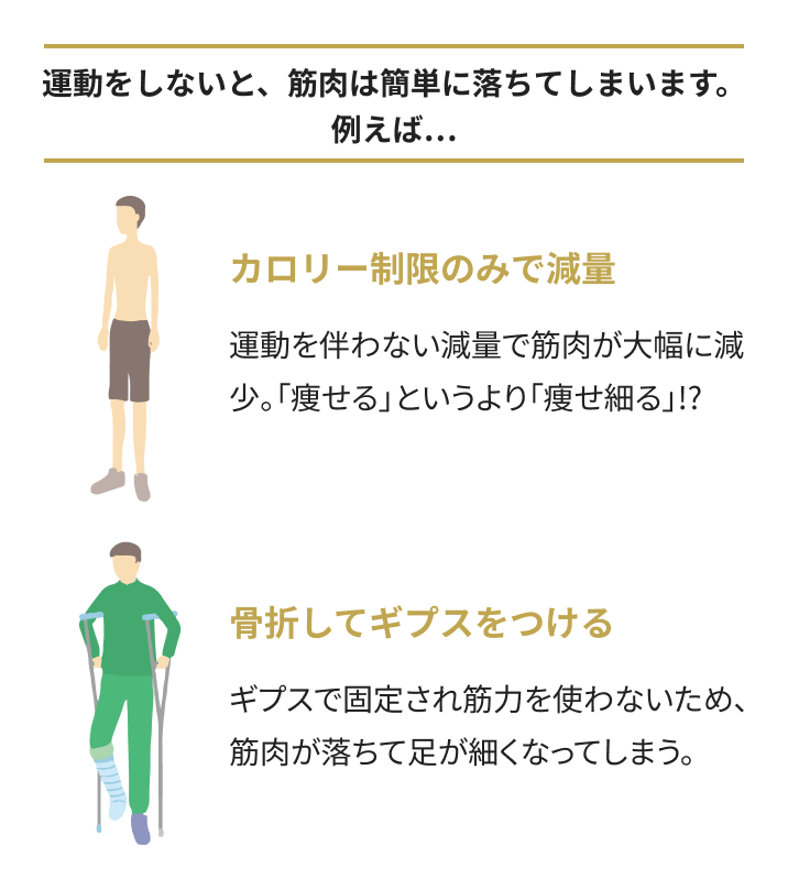 運動をしないと、筋肉は簡単に落ちてしまいます。たとえば・・・