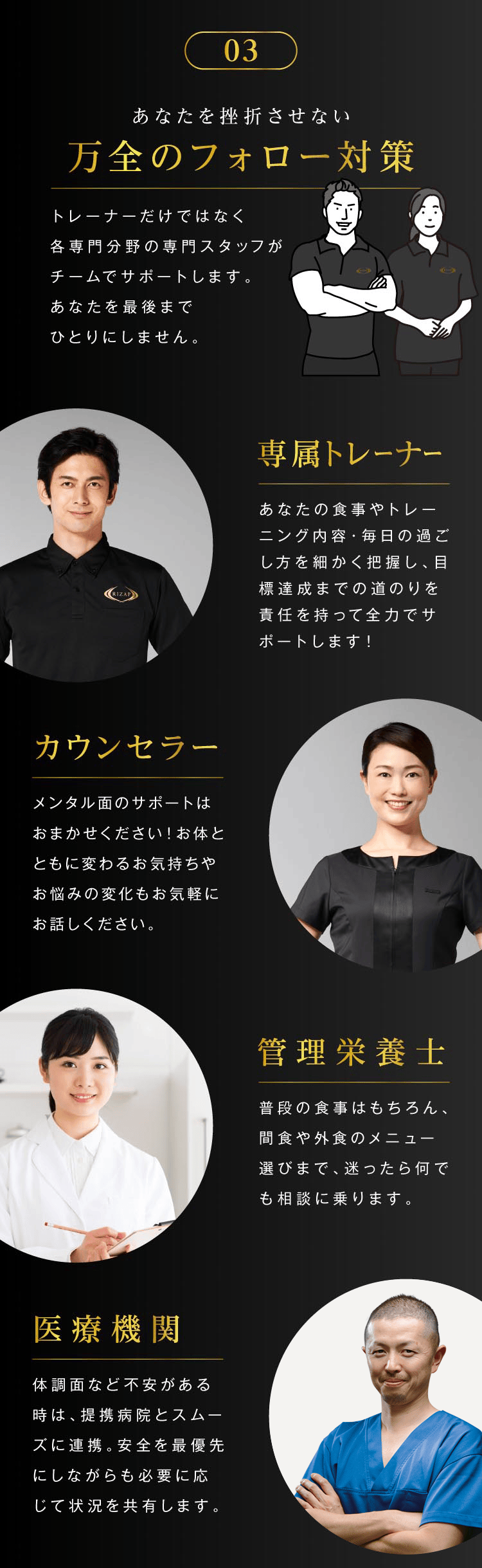 あなたを挫折させない万全のフォロー対策 トレーナーだけではなく各専門分野の専門スタッフがチームでサポートします。あなたを最後までひとりにしません。 専属トレーナー あなたの食事やトレーニング内容・毎日の過ごし方を細かく把握し、目標達成までの道のりを責任をもって全力でサポートします！ カウンセラー メンタル面のサポートはおまかせください！お体とともに変わるお気持ちやお悩みの変化もお気軽にお話しください。 管理栄養士 普段の食事はもちろん、間食や外食のメニュー選びまで、迷ったらなんでも相談に乗ります。 医療機関 体調面など不安がある時は、提携病院とスムーズに連携。安全を最優先にしながらも必要に応じて状況を共有します。